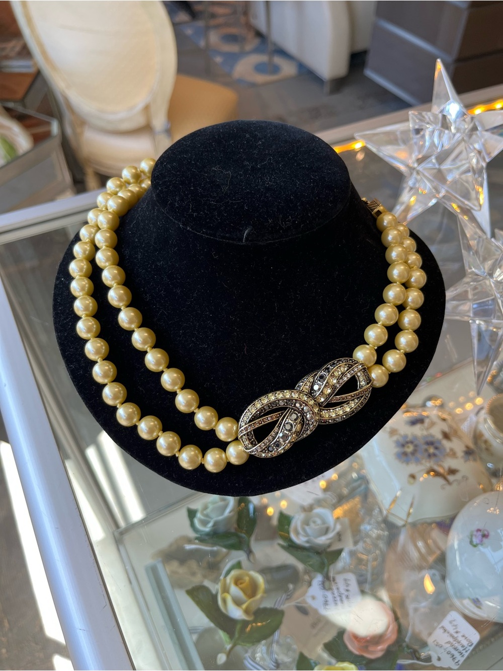 Heidi Daus Double-Strand Gold Pearl Necklace with Rhinestone Clasp